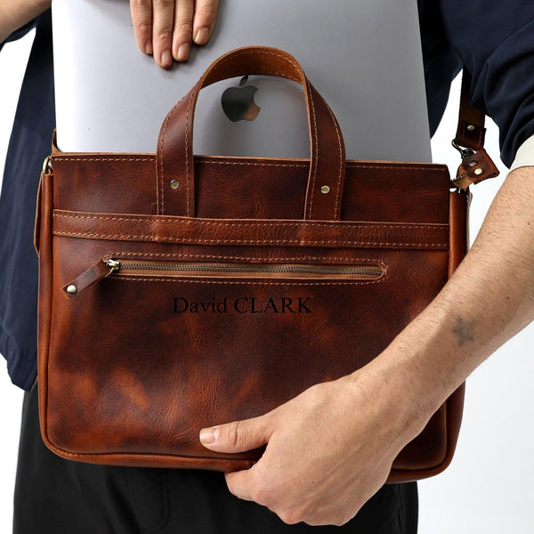 brown leather laptop bag macbook bag with laser engraved personalization initials