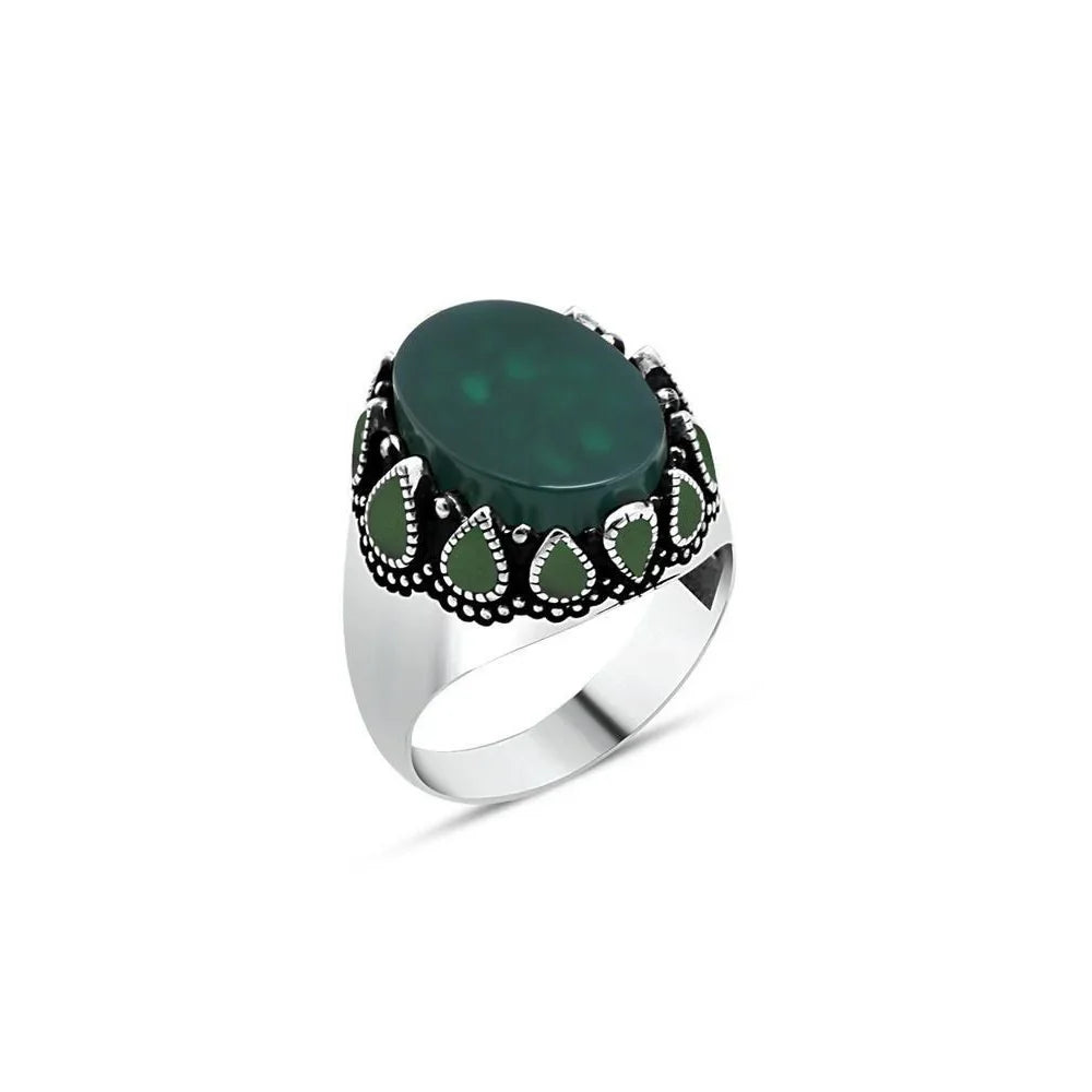 Green Red Stone Sides Green Enamel Men's Ring