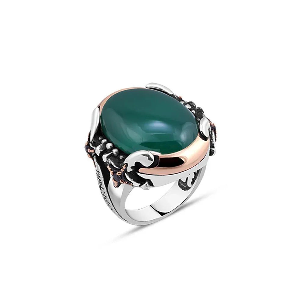 Hooded Green Red Stone Edge Sword Men's Ring