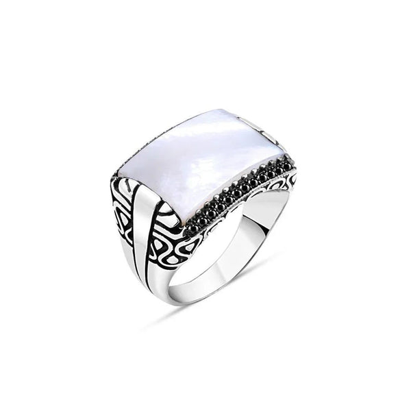 Mother Of Pearl Stone Edged Small Black Zircon Stone Men's Ring