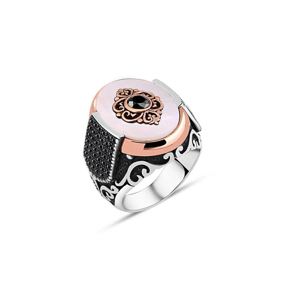 Mother Of Pearl Stone Edges Tiny Black Zircon Stone Men's Ring