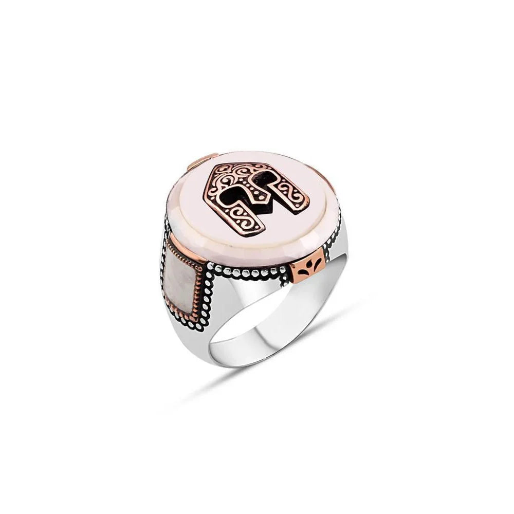 Mother Of Pearl Stone With Helmet Men's Ring