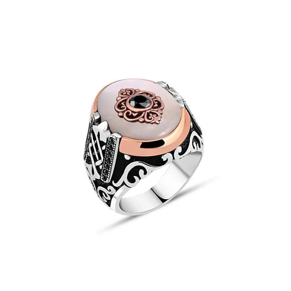 Mother Of Pearl Stone With Zircon Stone In The Middle Tiny Black Zircon Stone Men's Ring