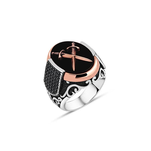 Onyx Stone Double Sword Edges Tiny Black Zircon Stone Men's Ring