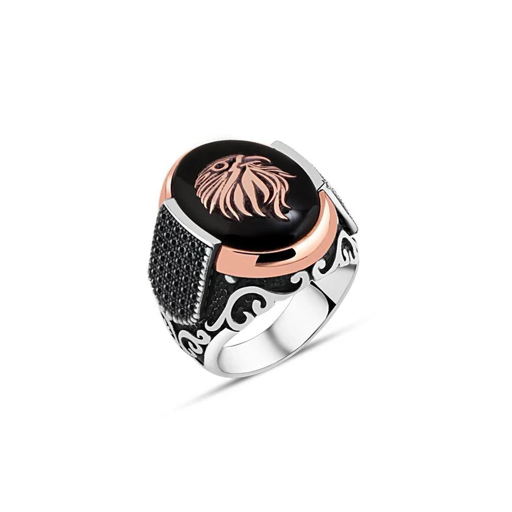 Onyx Stone Eagle Head Edge Tiny Zircon Stone Men's Ring