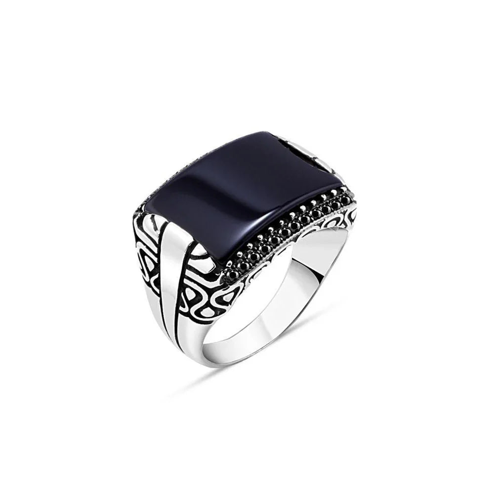 Onyx Stone Edged Tiny Black Zircon Stone Men's Ring