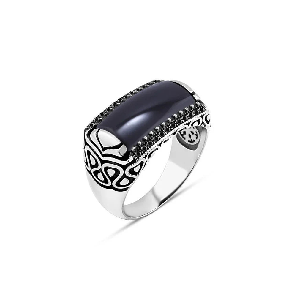 Onyx Stone Edges Tiny Black Zircon Stone Men's Ring