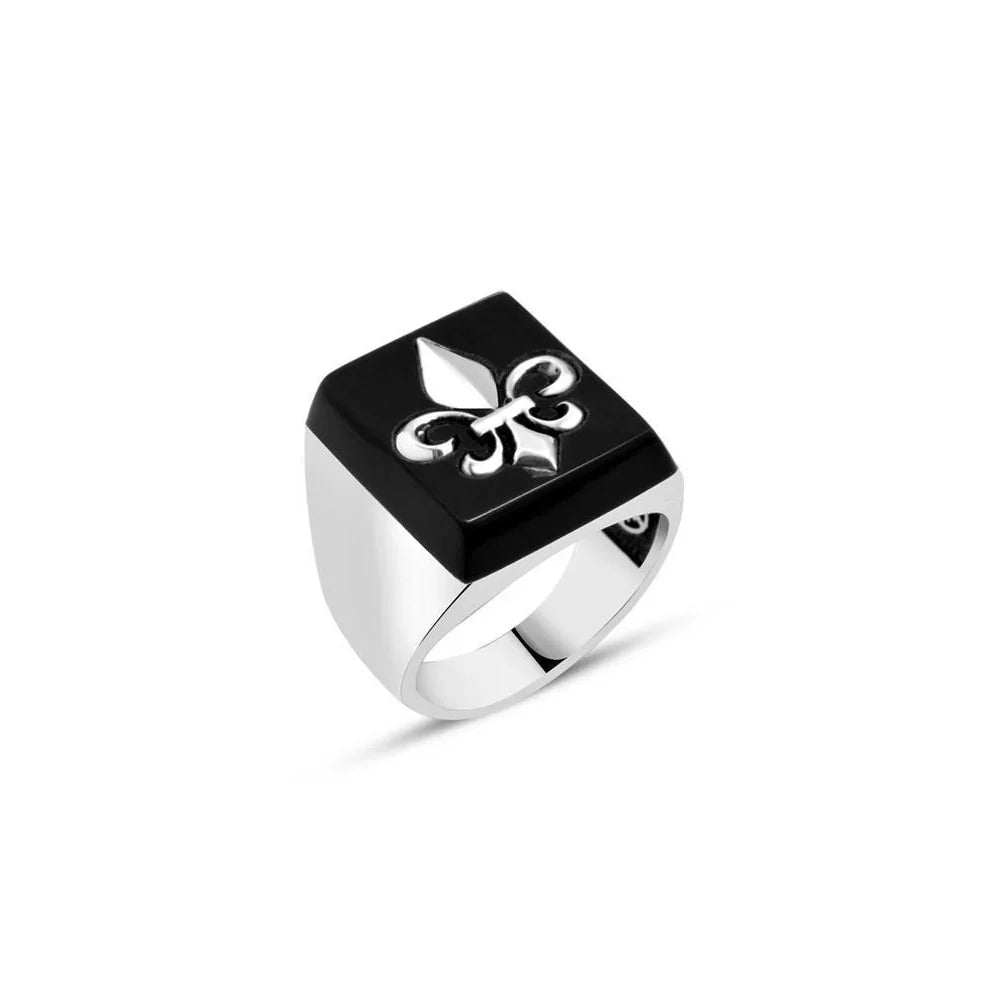 Onyx Stone Men's Ring With Lily Symbol