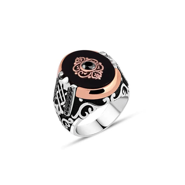 Onyx Stone Men's Ring With Zircon Stone And Motive In The Middle