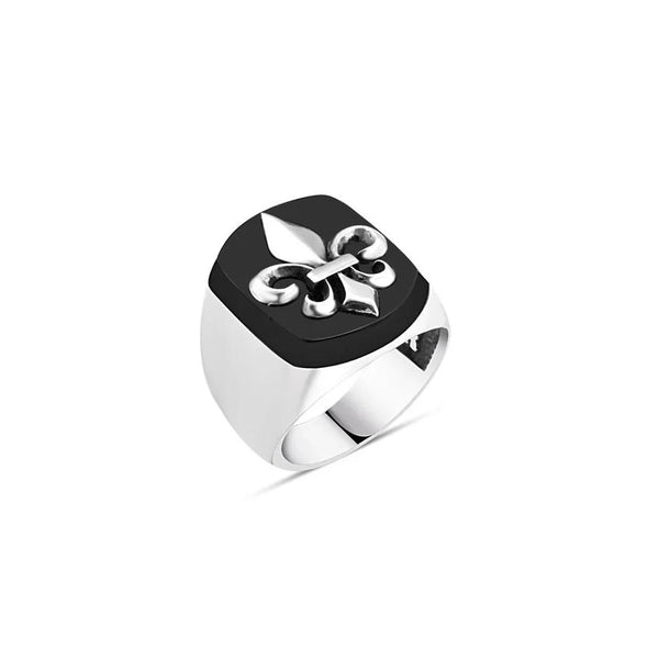 Onyx Stone Silver Royal Emblem Men's Ring