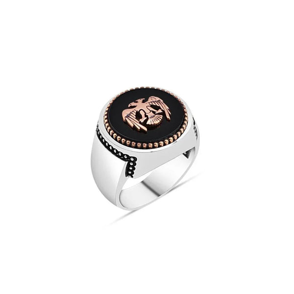 Onyx Stone Top Seljuk Eagle Men's Ring