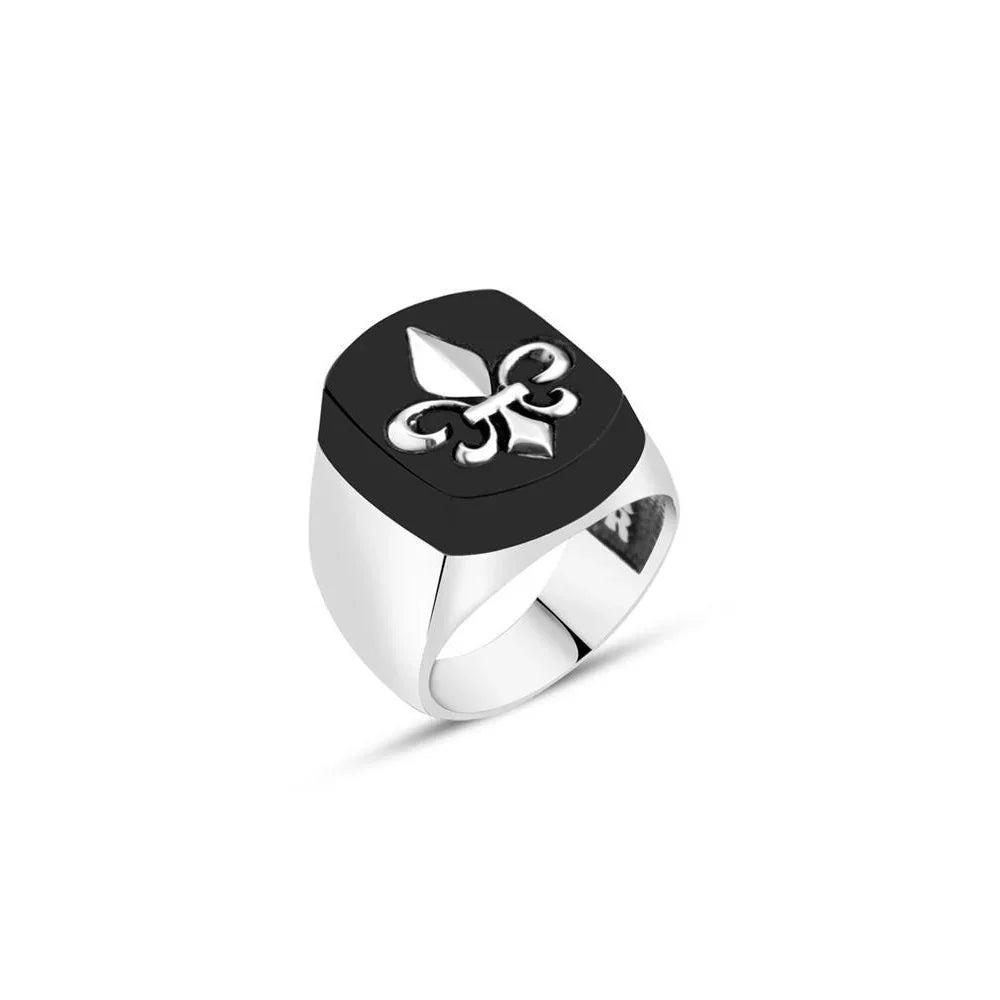 Onyx Stone With Lily Symbol Men's Ring