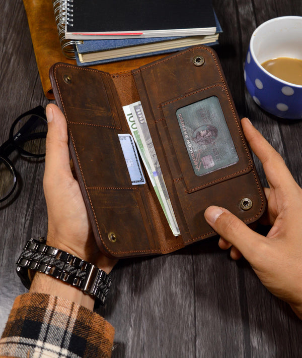 handmade genuine leather long wallet for men women