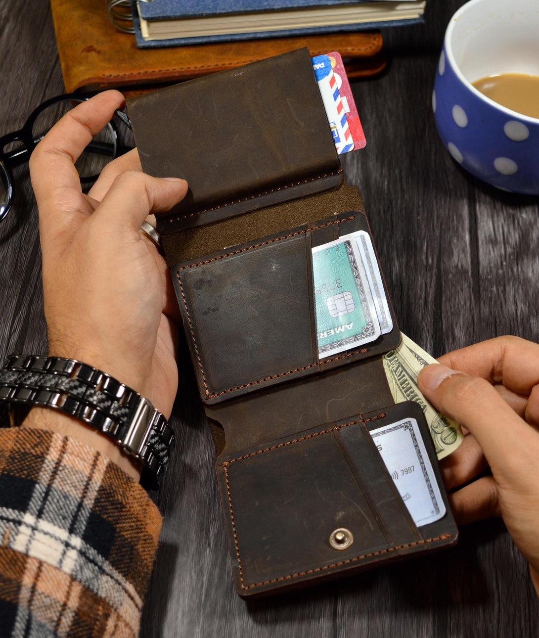 genuine leather trifold credit card holder wallet for men