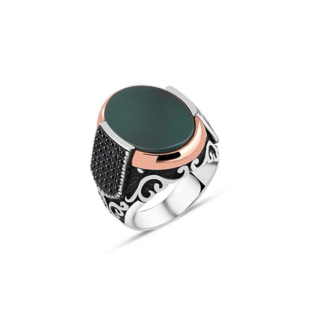 Plain Green Red Stone Edges Tiny Black Zircon Stone Men's Ring