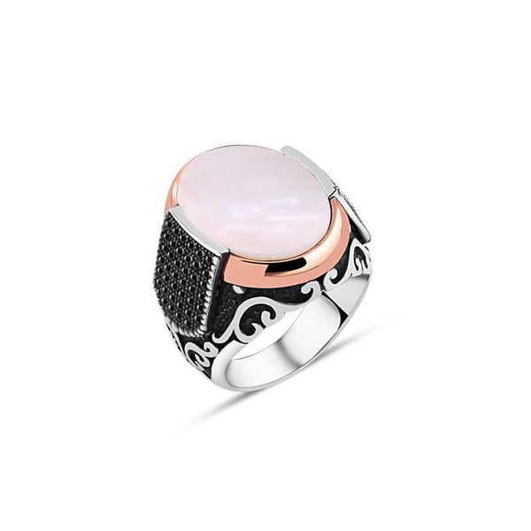 Plain Mother Of Pearl Stone Edges Tiny Black Zircon Stone Men's Ring