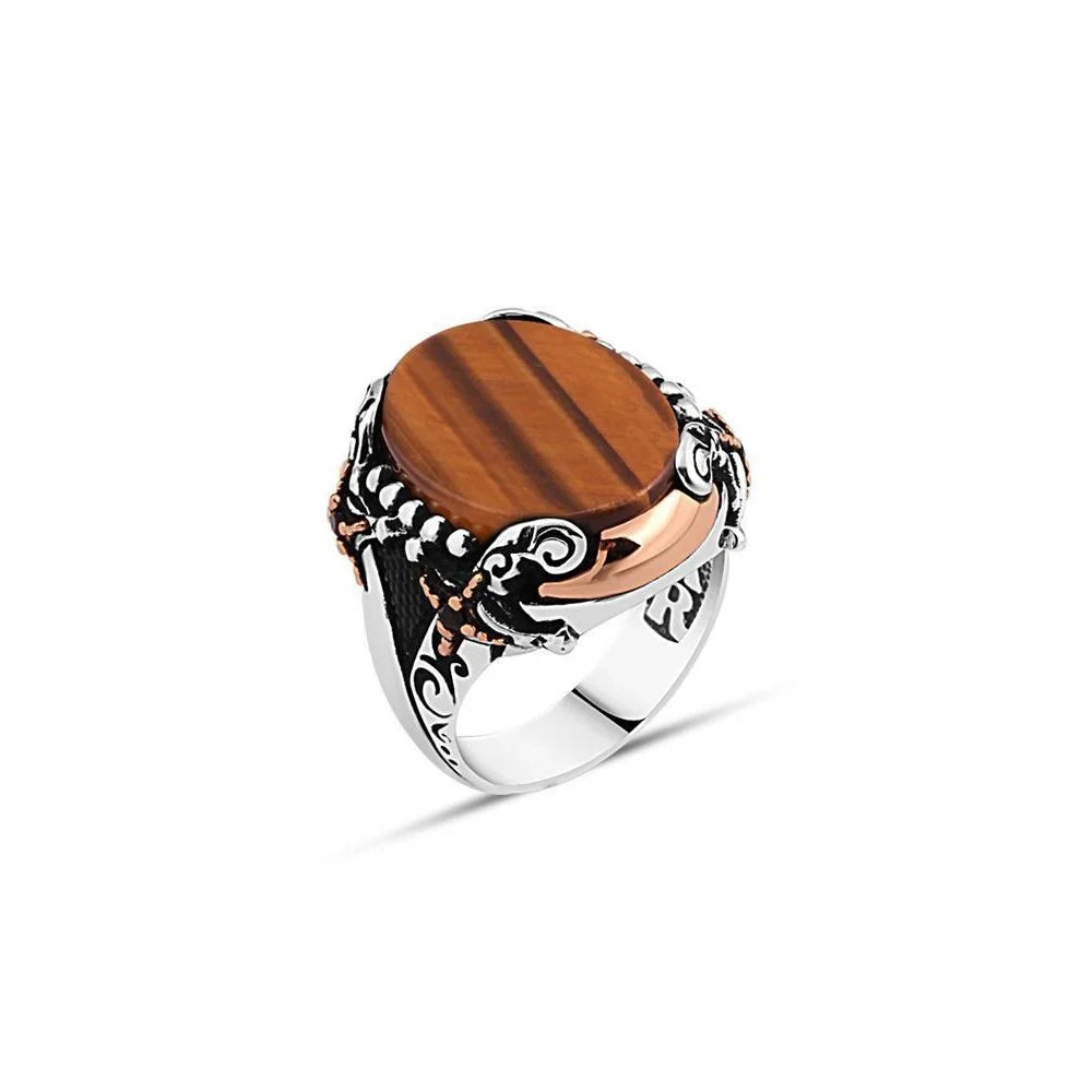 Plain Tiger Eye Stone Edge Sword Men's Ring