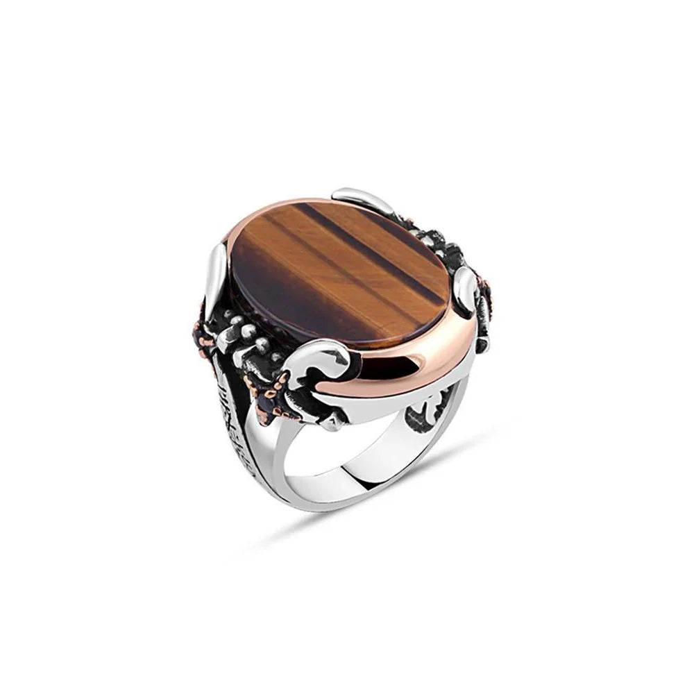 Plain Tiger Eye Stone Edged Sword Men's Ring