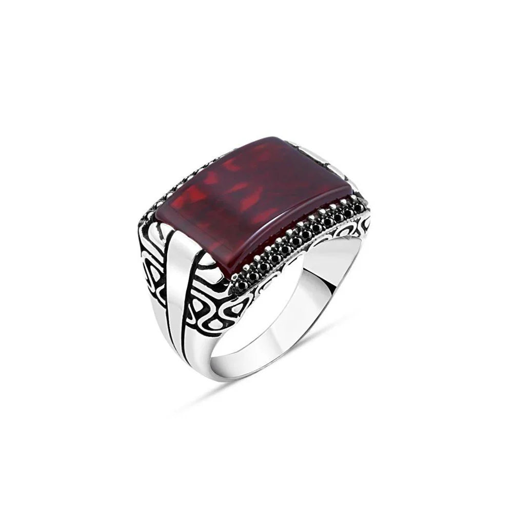 Red Stone Edged Tiny Black Zircon Stone Men's Ring