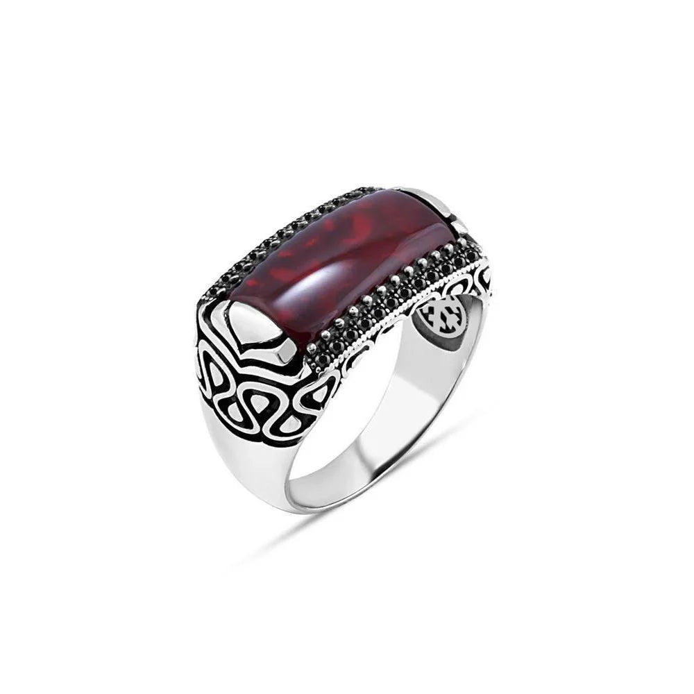 Red Stone Edged Tiny Black Zircon Stone Men's Ring