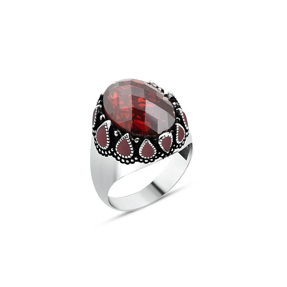 Red Zircon Stone Sides Red Enamel Men's Ring