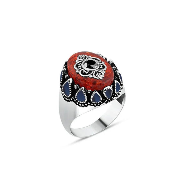 Sari Single Stone Edge Blue Enameled Men's Ring