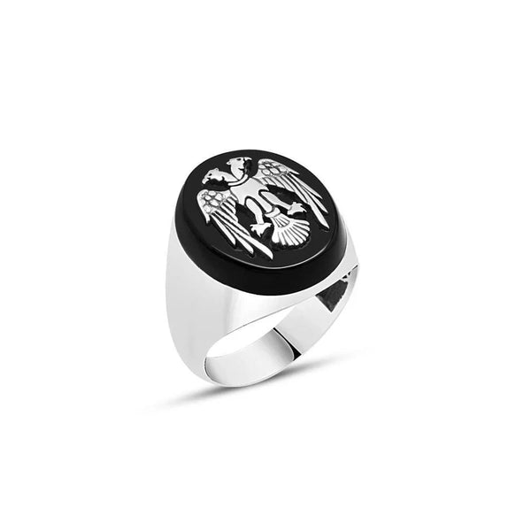 Seljuk Eagle Men's Ring On Onyx Stone