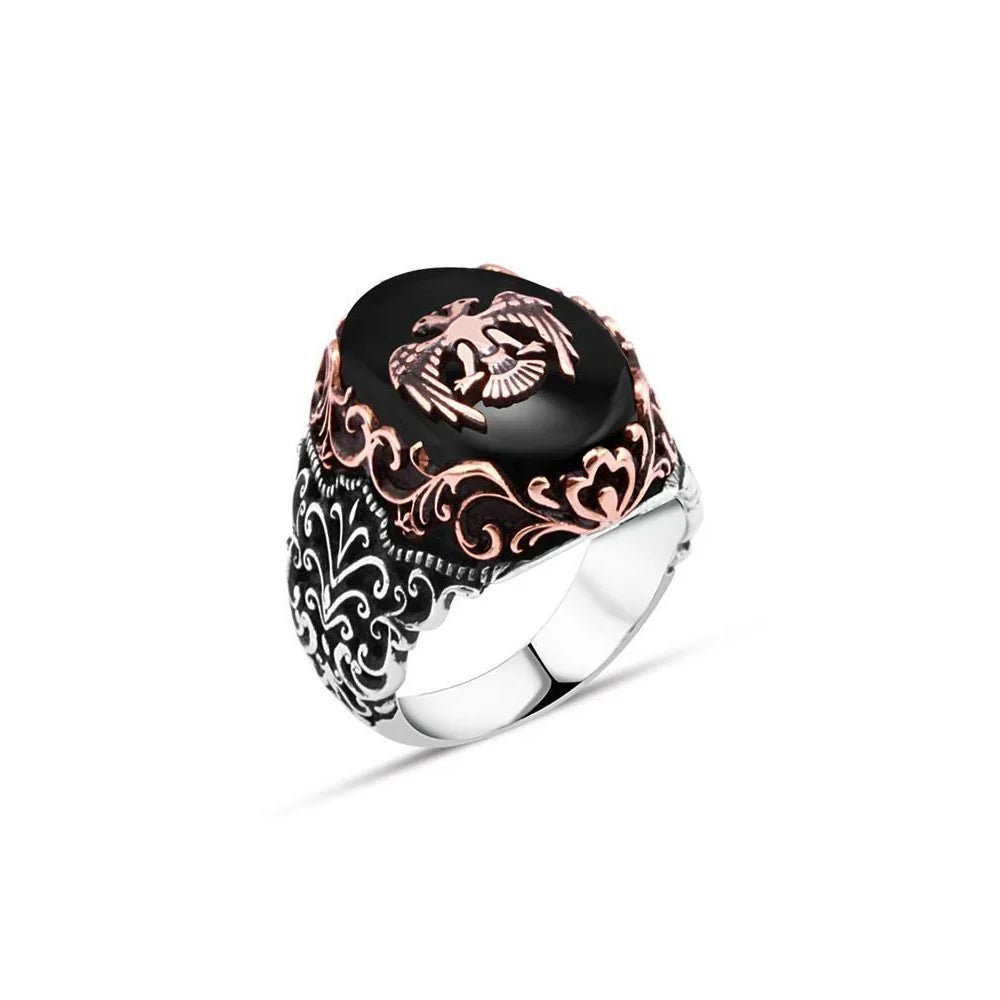 Seljuk Eagle Men's Ring On Onyx Stone