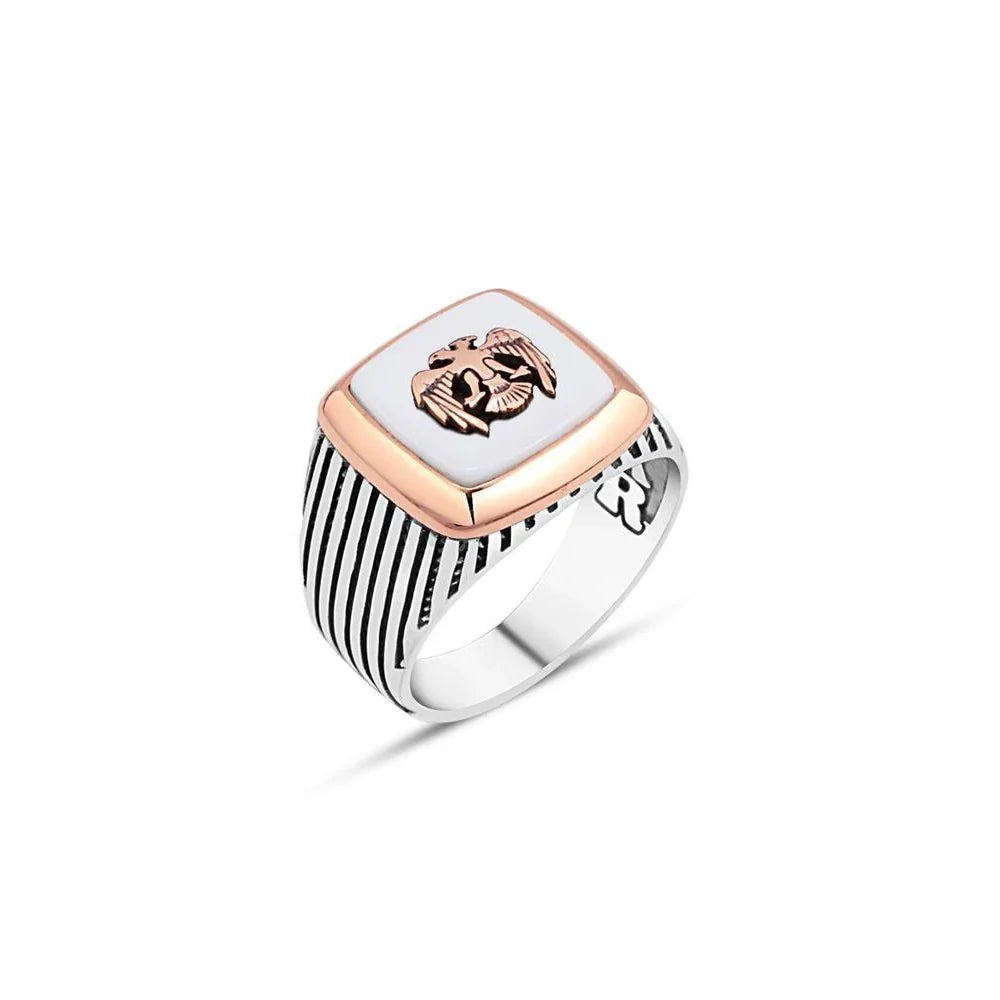 Seljuk Eagle Men's Ring On White Onyx Stone