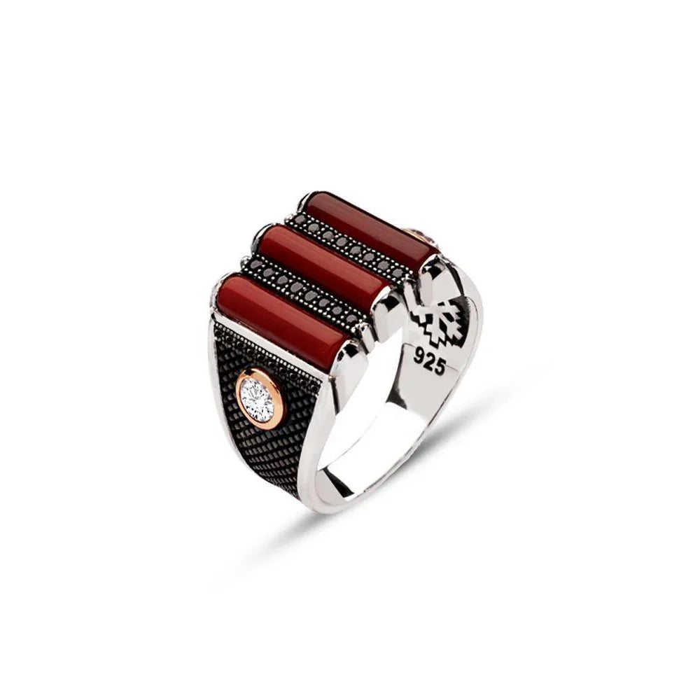 Silver 3 Pieces Red Stone Edges Single Stone Men's Ring