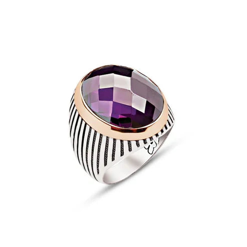 Silver Amethyst Stone Striped Case Men's Ring