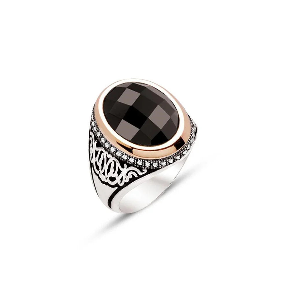 Silver Black Facet Stone Side Black Zircon Stone Men's Ring