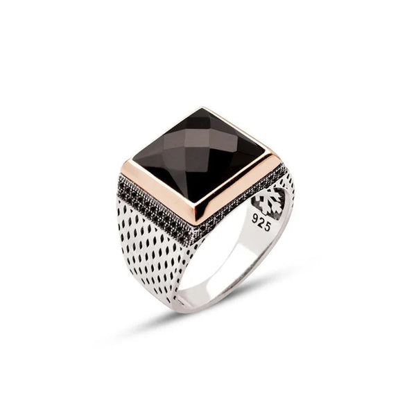 Silver Black Facet Stone Side Zircon Embellished Square Model Men's Ring