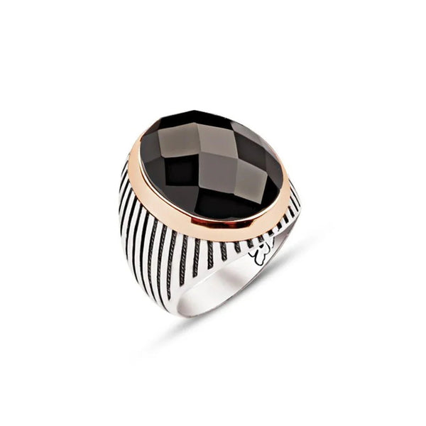 Silver Black Facet Stone Striped Case Men's Ring