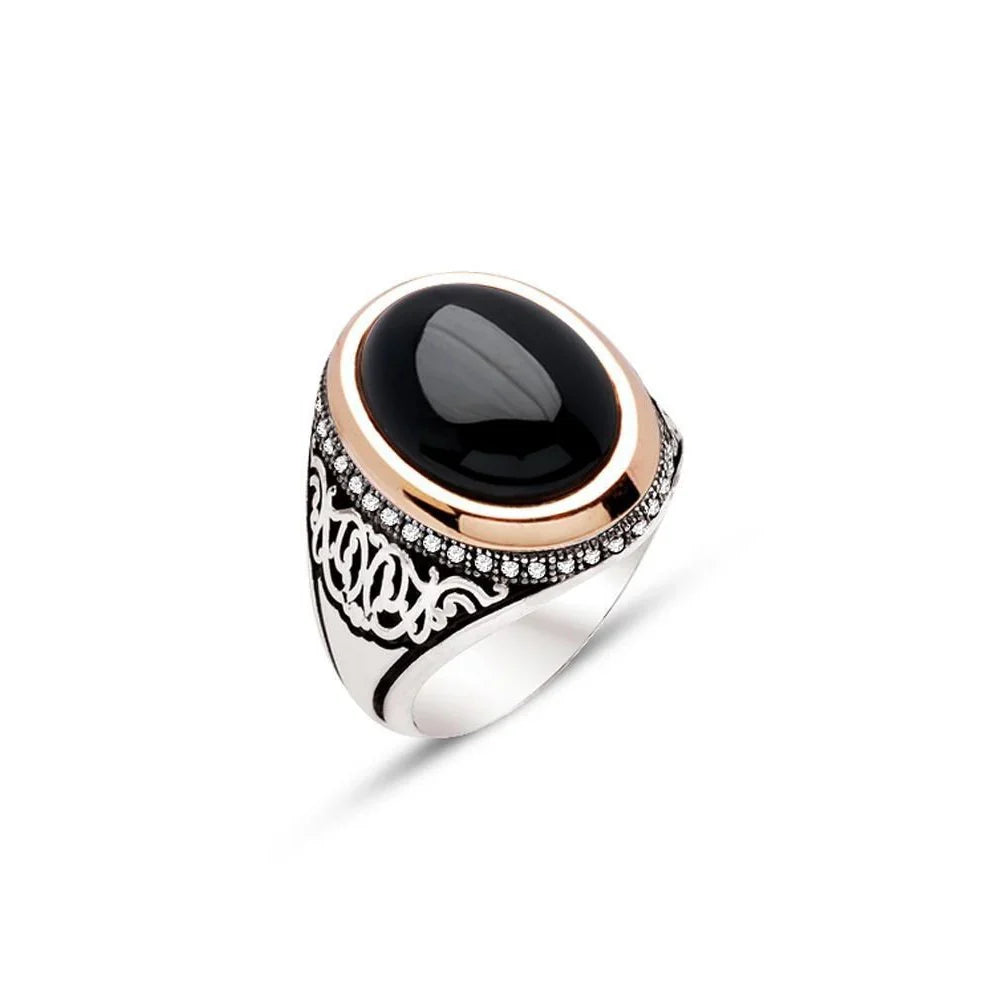 Silver Black Hood Stone Sides Black Zircon Stone Men's Ring