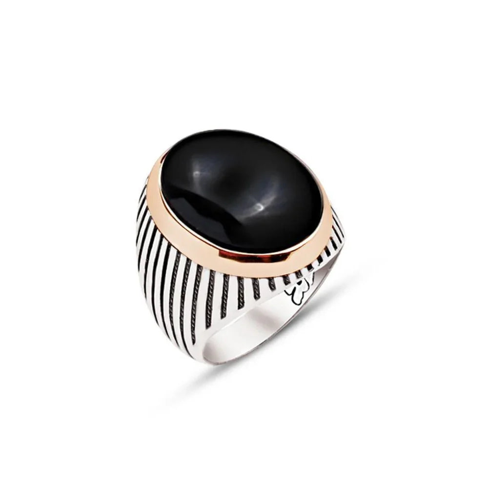 Silver Black Hood Stone Striped Case Men's Ring