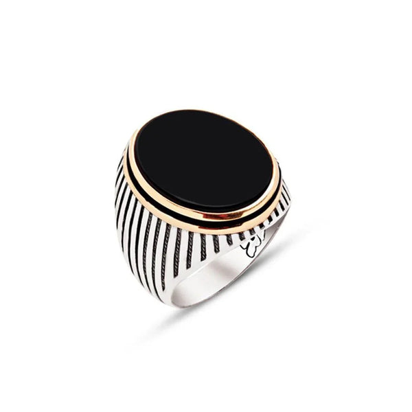 Silver Black Onyx Stone Side Enamel Decorated Striped Case Men's Ring