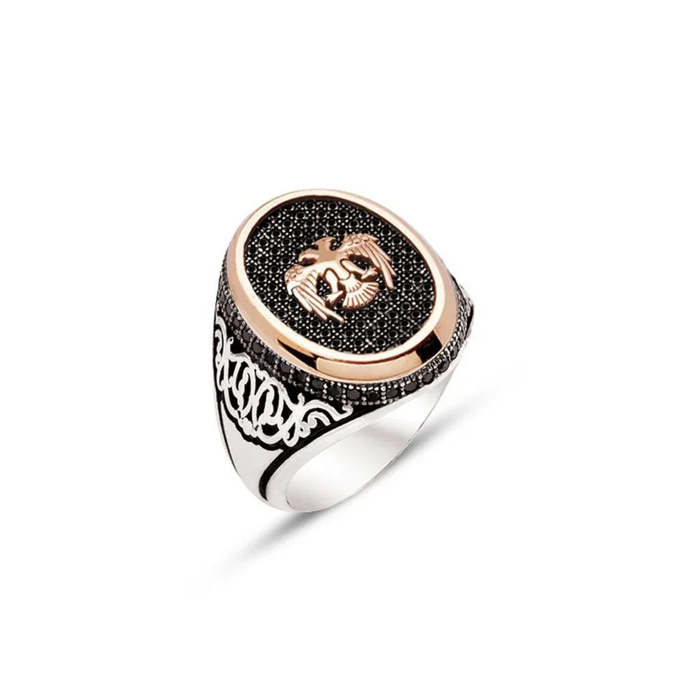 Silver Black Zircon Stone, Seljuk Eagle Engraved Men's Ring With Zircon Ornament On The Sides