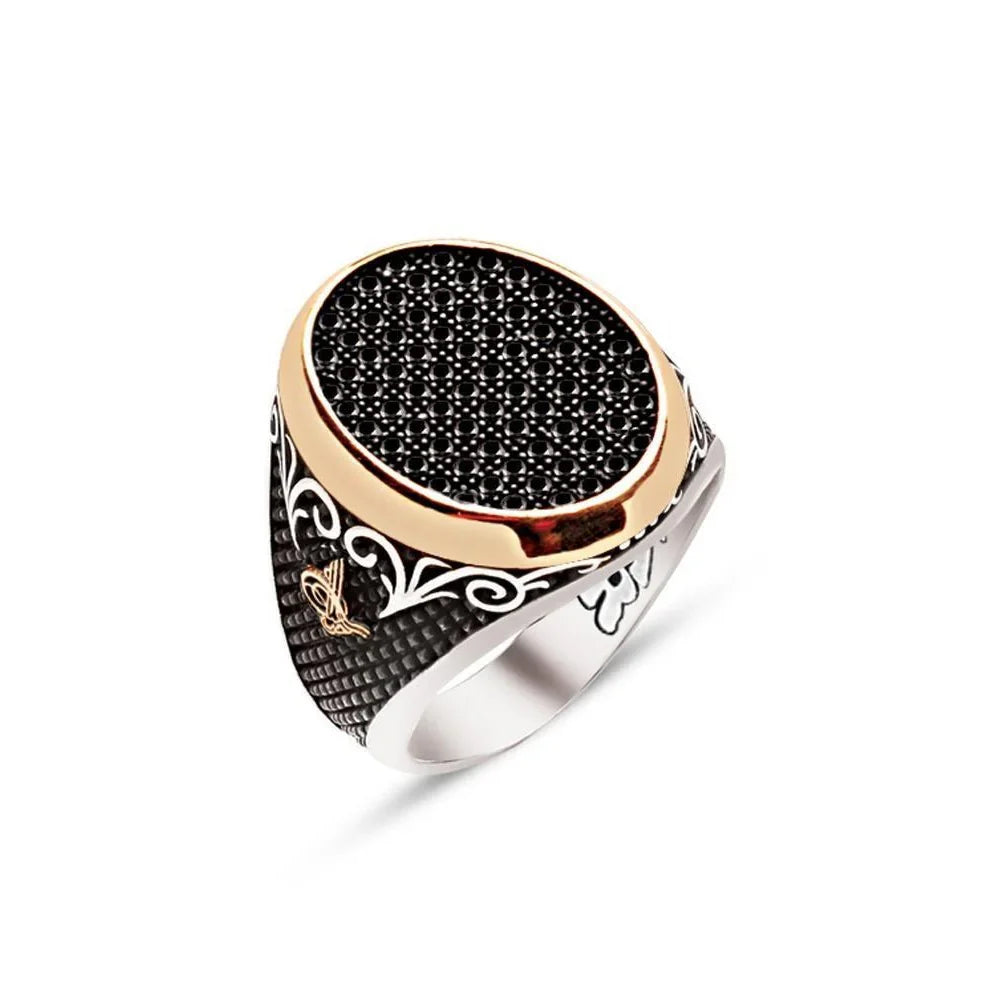 Silver Black Zircon Stone Side Tugra Engraved Men's Ring