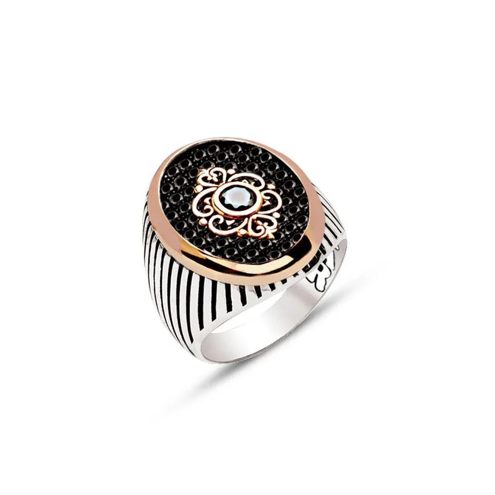 Silver Black Zircon Stone Single Stone Motive Striped Case Men's Ring