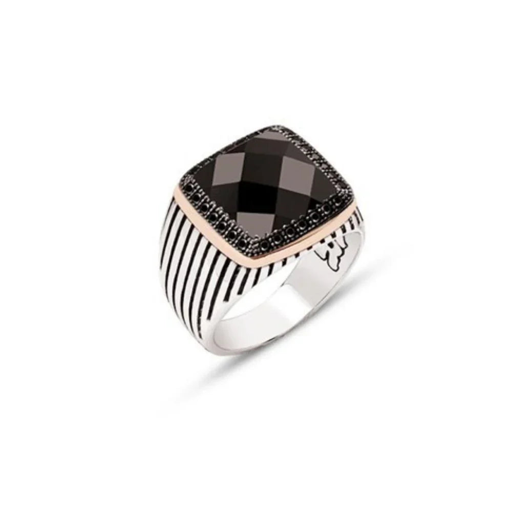 Silver Faceted Black Zircon Stone Side Black Zircon Stone Ornament Striped Case Men's Ring