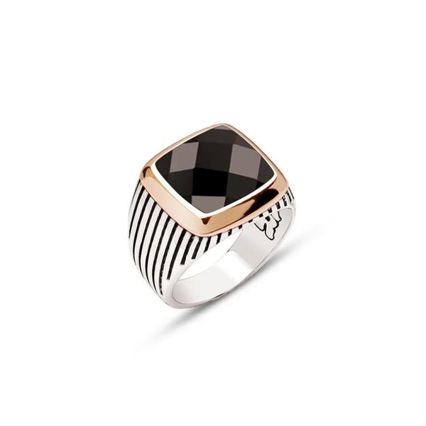 Silver Faceted Black Zircon Stone Striped Case Men's Ring