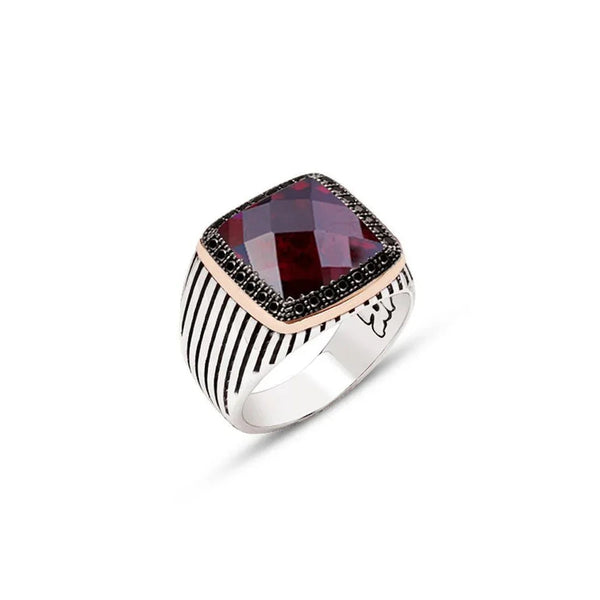 Silver Faceted Garnet Zircon Stone Side Black Zircon Stone Ornament Striped Case Men's Ring