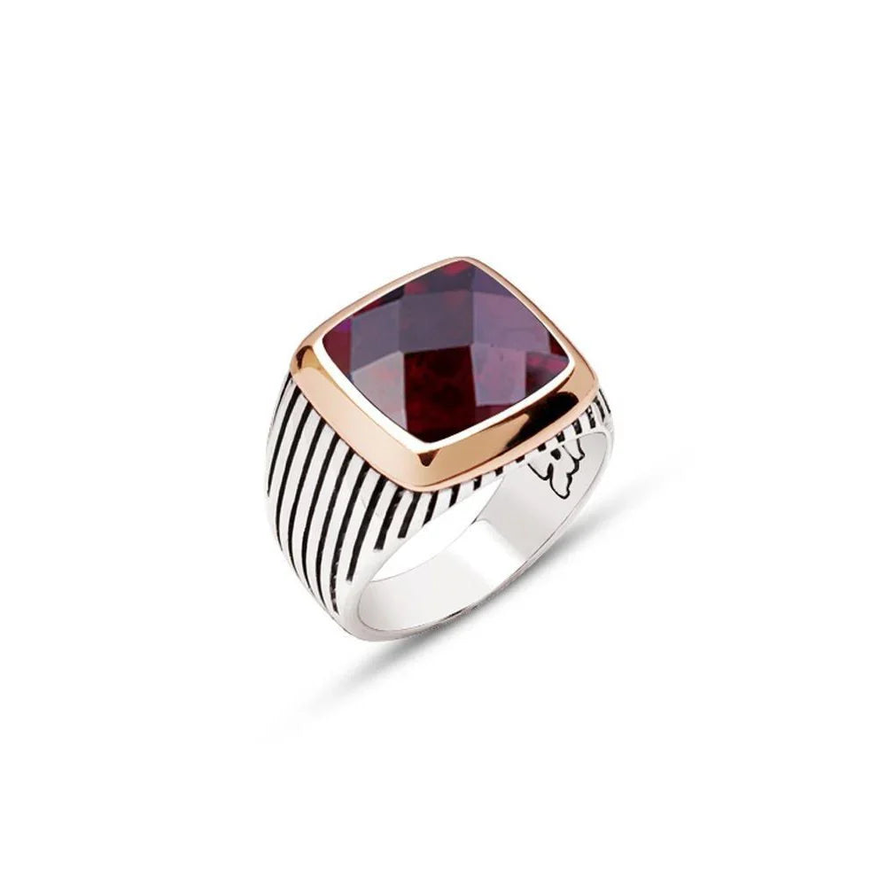 Silver Faceted Garnet Zircon Stone Striped Case Men's Ring