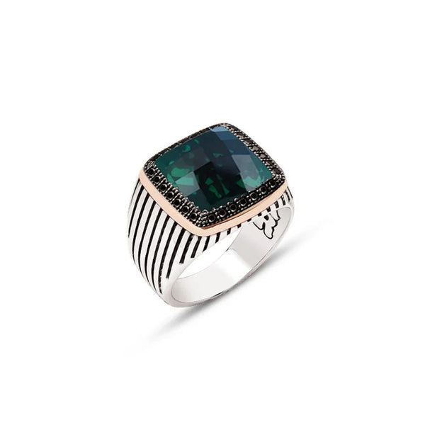 Silver Faceted Green Zircon Stone Side Black Zircon Stone Ornament Striped Case Men's Ring