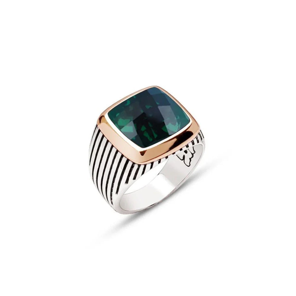 Silver Faceted Green Zircon Stone Striped Case Men's Ring