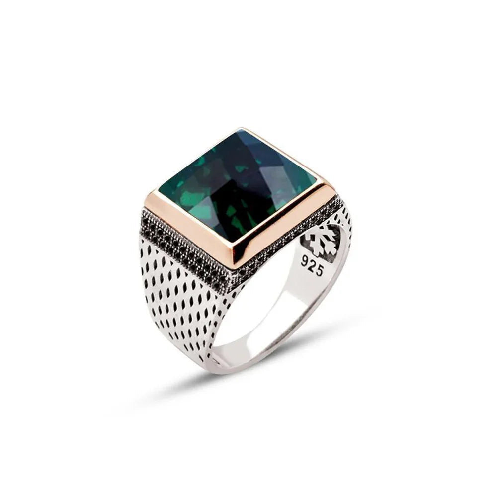 Silver Green Facet Stone Side Zircon Embellished Square Model Men's Ring