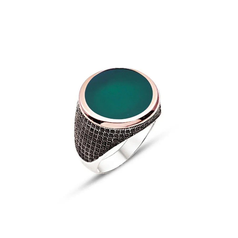 Silver Green Red Stone Men's Ring Decorated With Black Zircon Stone On The Sides