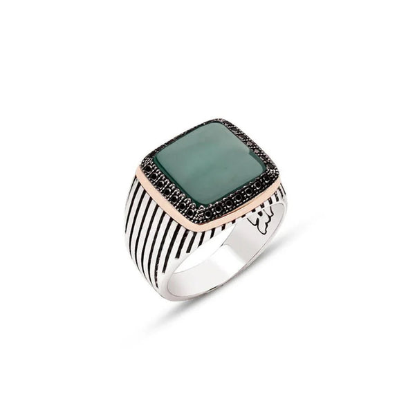 Silver Green Red Stone Side Black Zircon Stone Ornament Striped Case Men's Ring