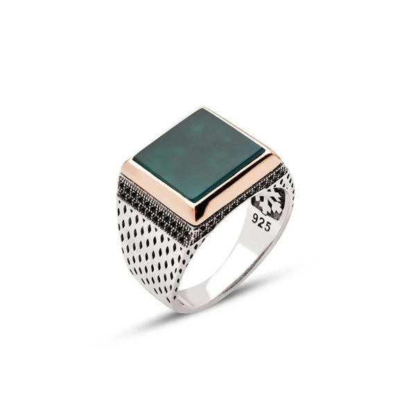 Silver Green Red Stone Side Zircon Embellished Square Model Men's Men's Ring